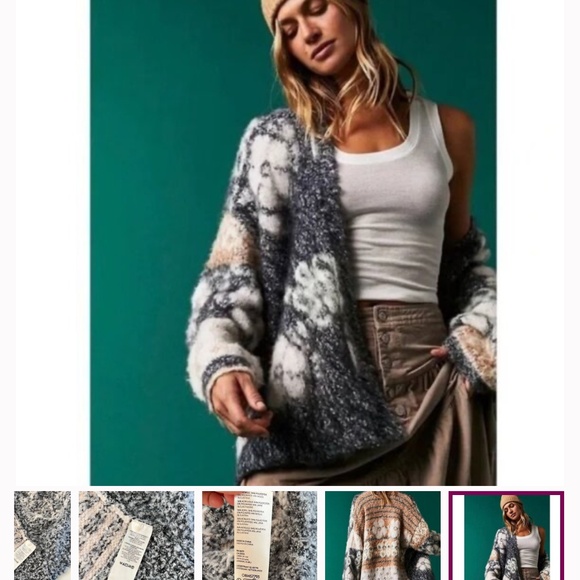 Free People Floral Knit Cardigan in Gray and Cream - Picture 4 of 5